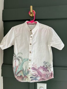 Next White Short-Sleeve Button-Up Shirt with Green & Purple Dino Print
